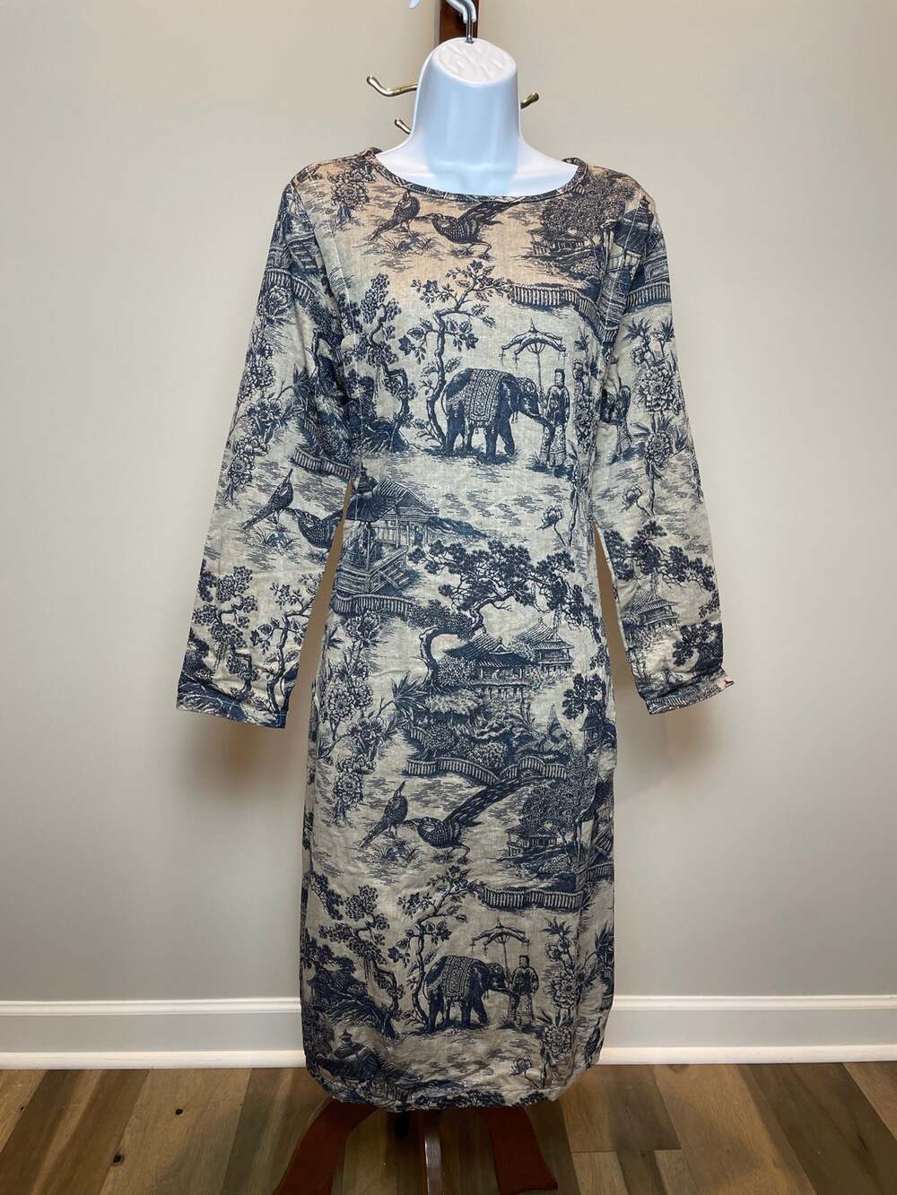 BUYKUD Lagenlook Beige Navy Cotton Oversized Kaftan Dress Size M New With Tag